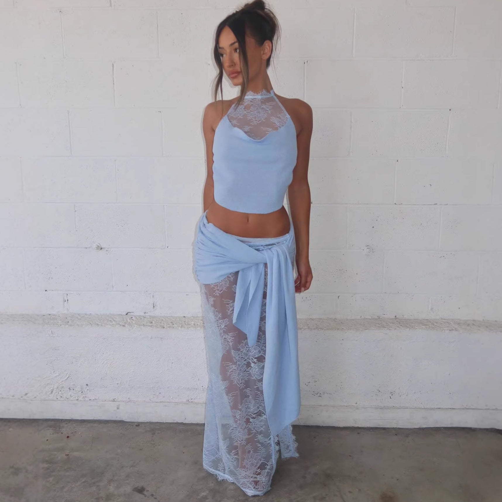 Beach vacation style sexy hollow lace skirt set swing collar top skirt two-piece set