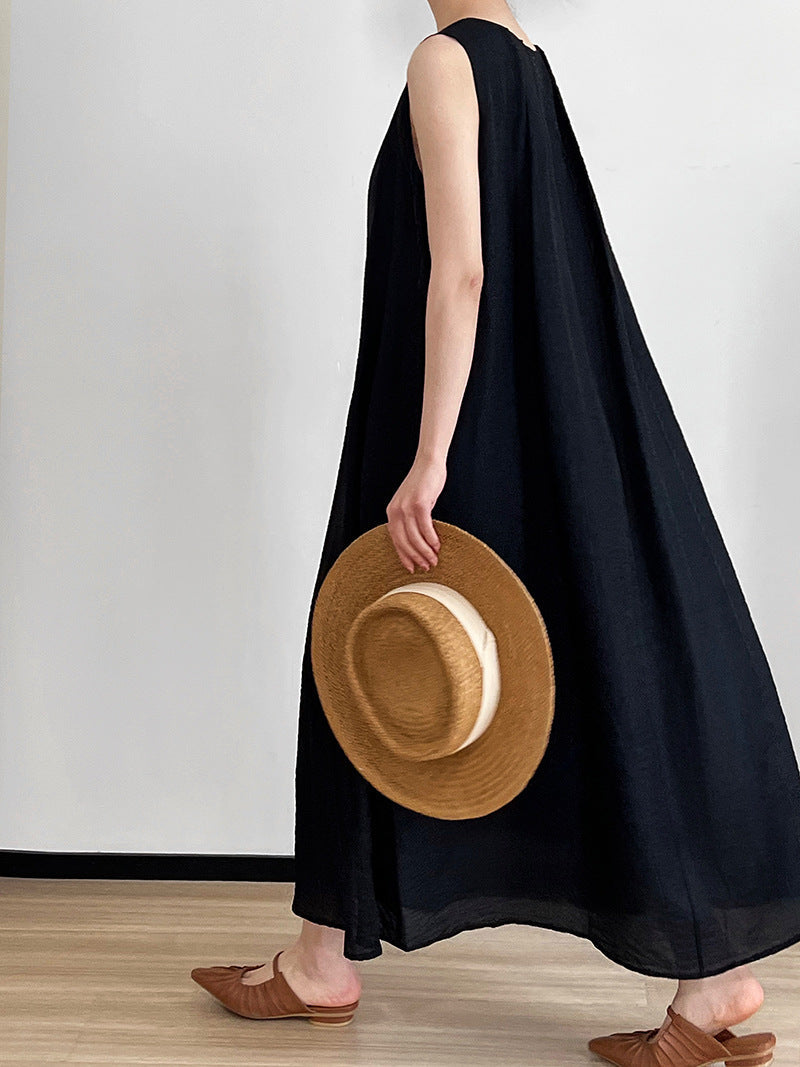 French imitation linen pleated sleeveless A-shaped dress, thin high-end vest skirt, vacation dress