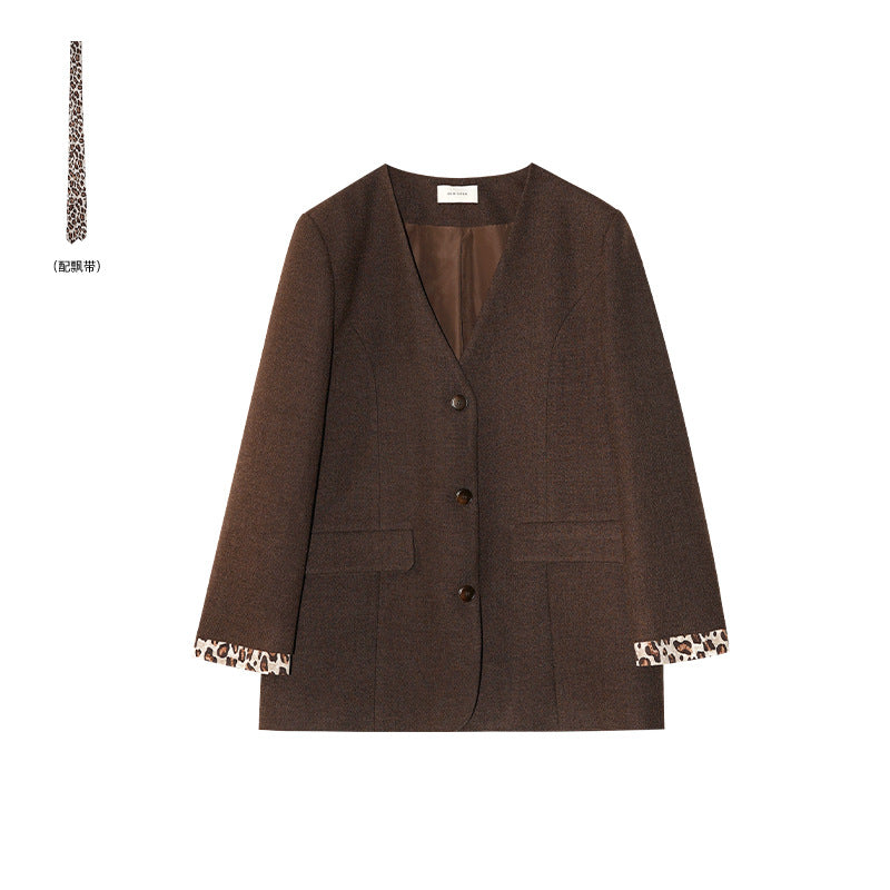 Autumn American fashion foreign style loose leopard print streamer v-neck blazer