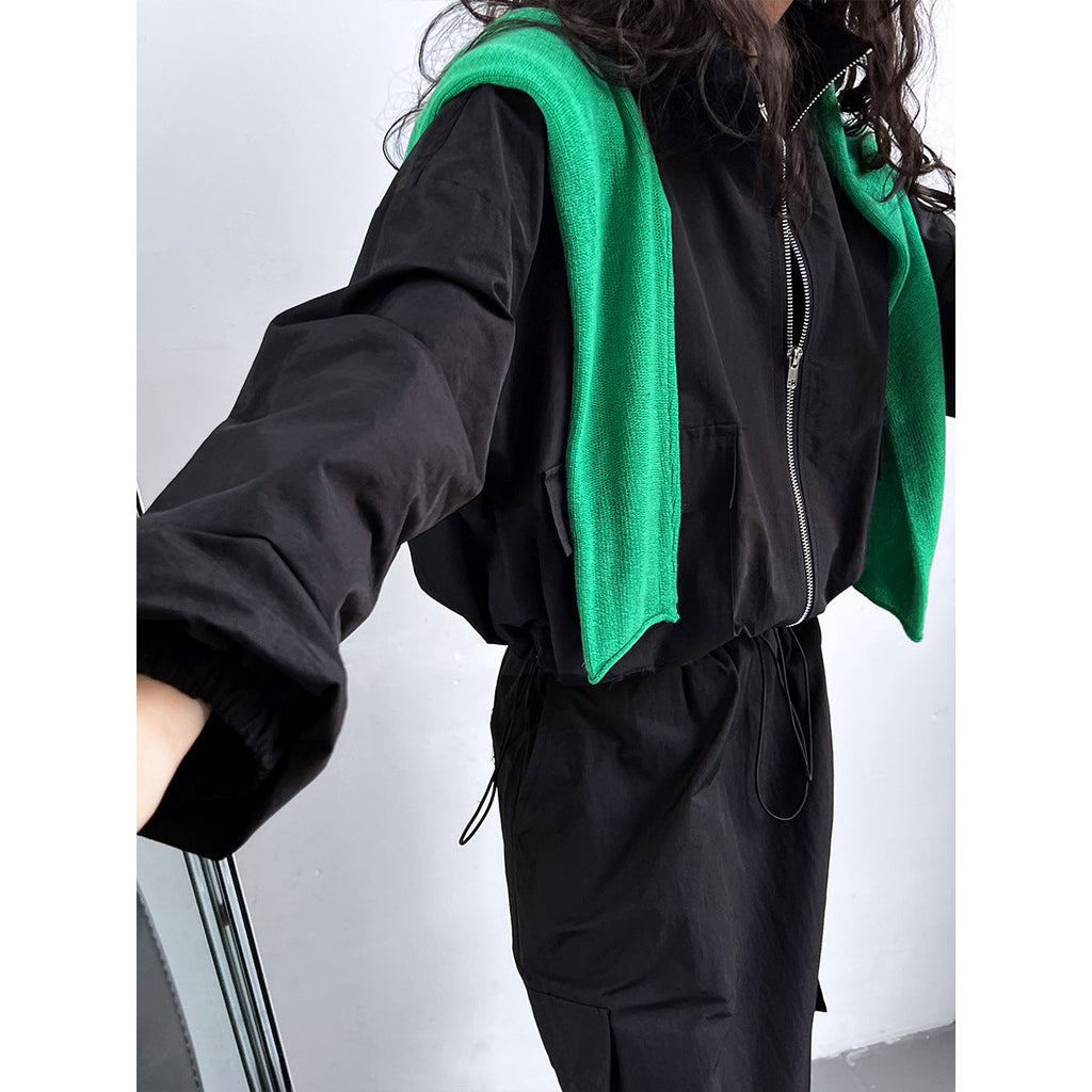 American short jacket + drawstring skirt two-piece outdoor sports tooling suit women