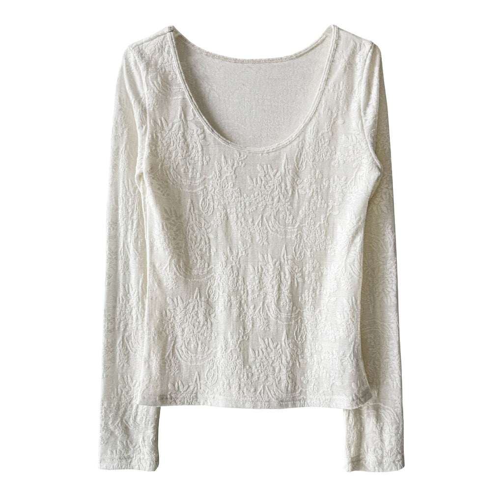 Gentle heavy industry jacquard big U-neck slightly transparent texture bottoming shirt women's spring new temperament top