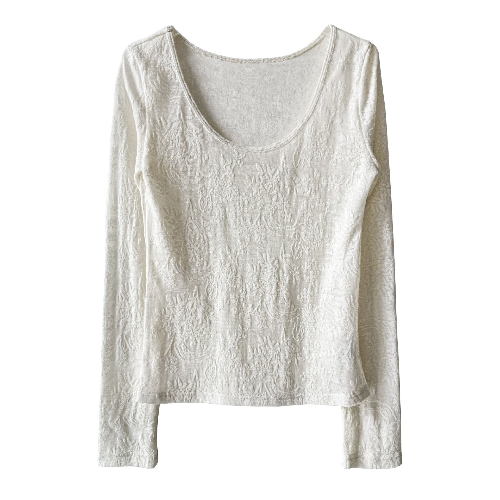 Gentle heavy industry jacquard big U-neck slightly transparent texture bottoming shirt women's spring new temperament top