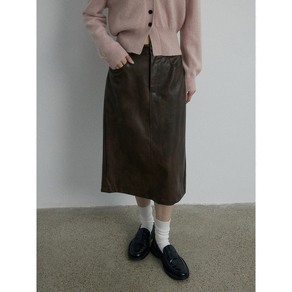 Autumn new casual high-waisted retro old-fashioned versatile straight tube medium and long leather skirt