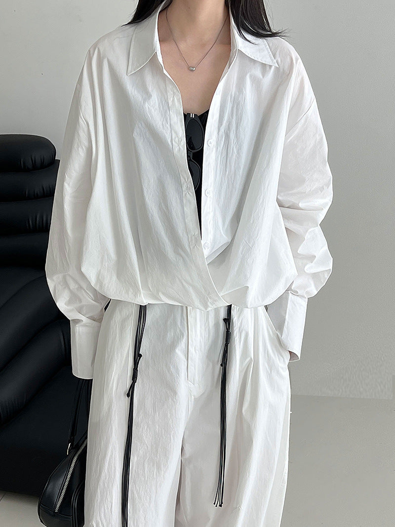 Korean high-texture large V-neck stacked shirt women's autumn lazy design hem waist shirt