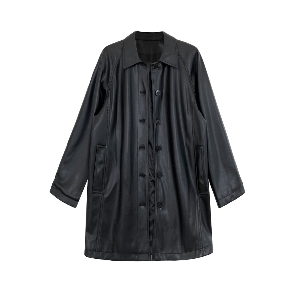 Korean retro high-end black medium and long leather jacket women's autumn new soft waxy leather