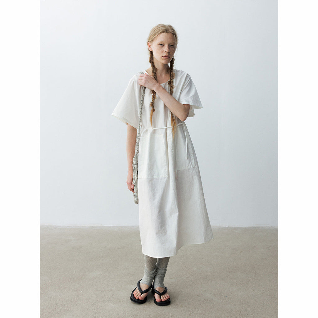 U-neck neck moonlight short-sleeved cotton brocade long lace-up dress
