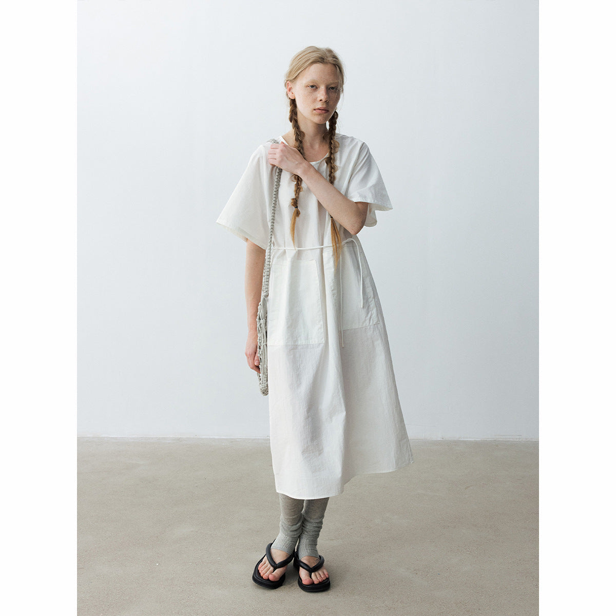 U-neck neck moonlight short-sleeved cotton brocade long lace-up dress