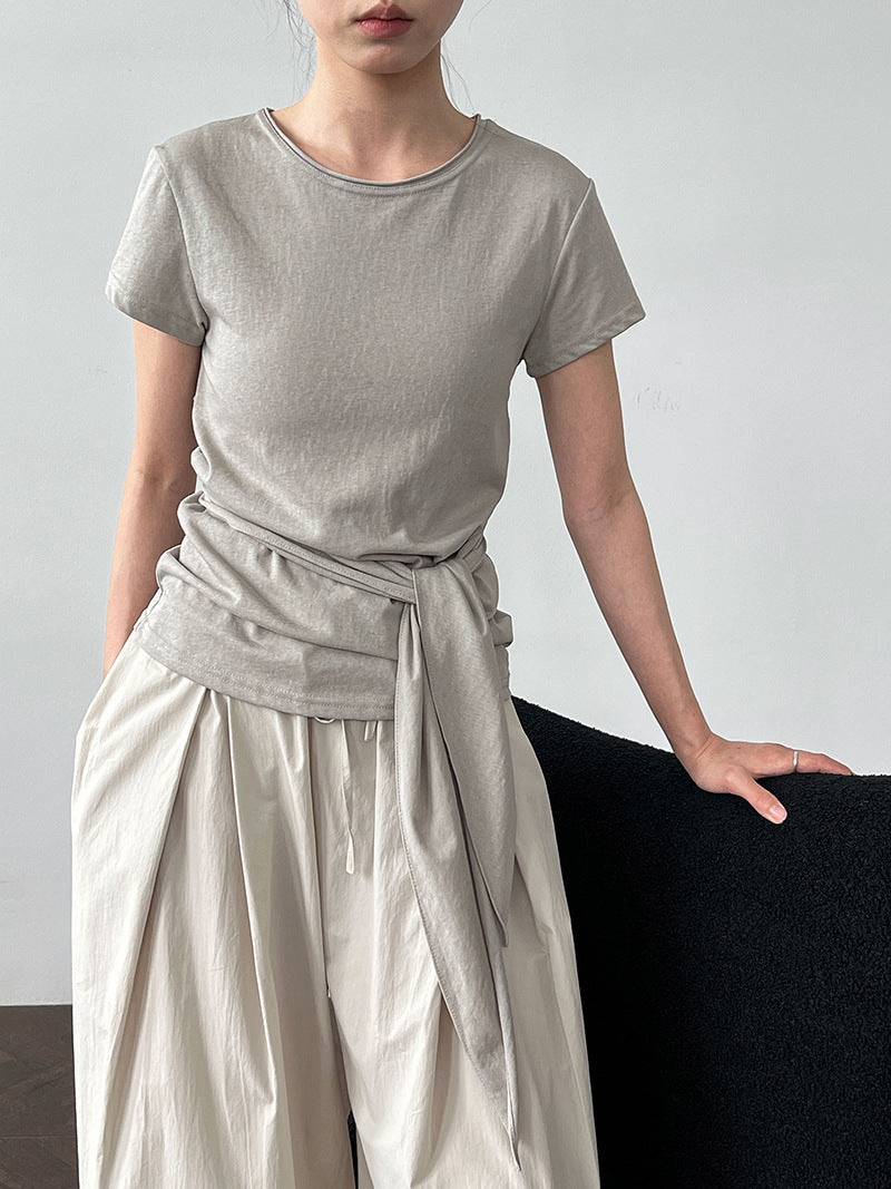 Korean version strap waist T-shirt women's summer new casual round neck versatile short-sleeved front shoulder top