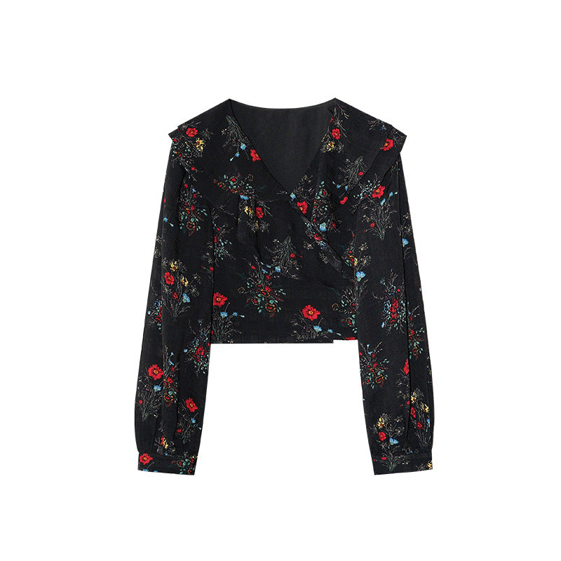 Age-reducing short strap floral ruffle shirt
