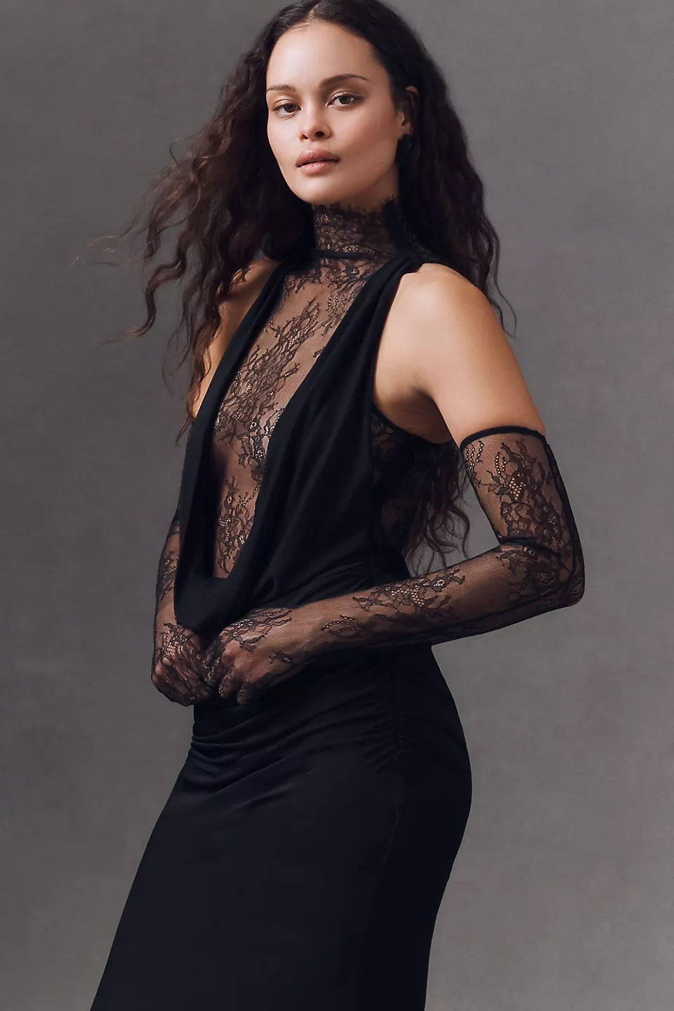 Women's new neck lace splicing dress sexy perspective Spice Girl hip skirt