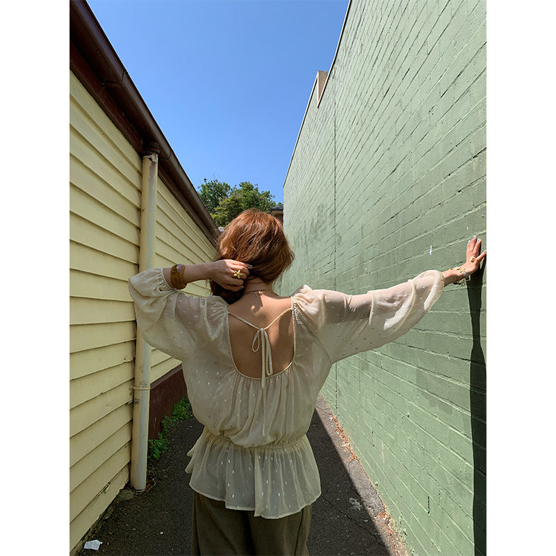 Early French fashion age-reducing temperament long-sleeved waist backless chiffon shirt for women