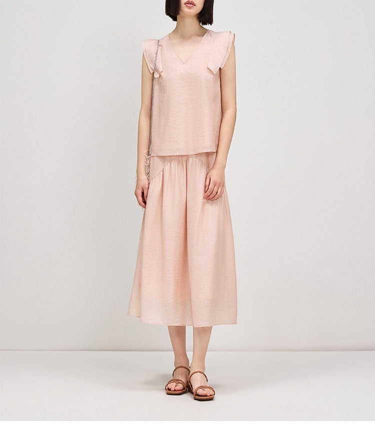 Pink fly-sleeved shirt women's V-neck shirt skirt set, new pink peach age-reducing two-piece set
