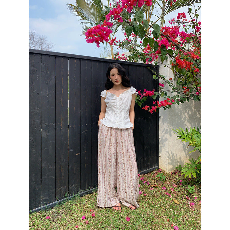 Floral pants retro drape mopping loose wide-leg pants