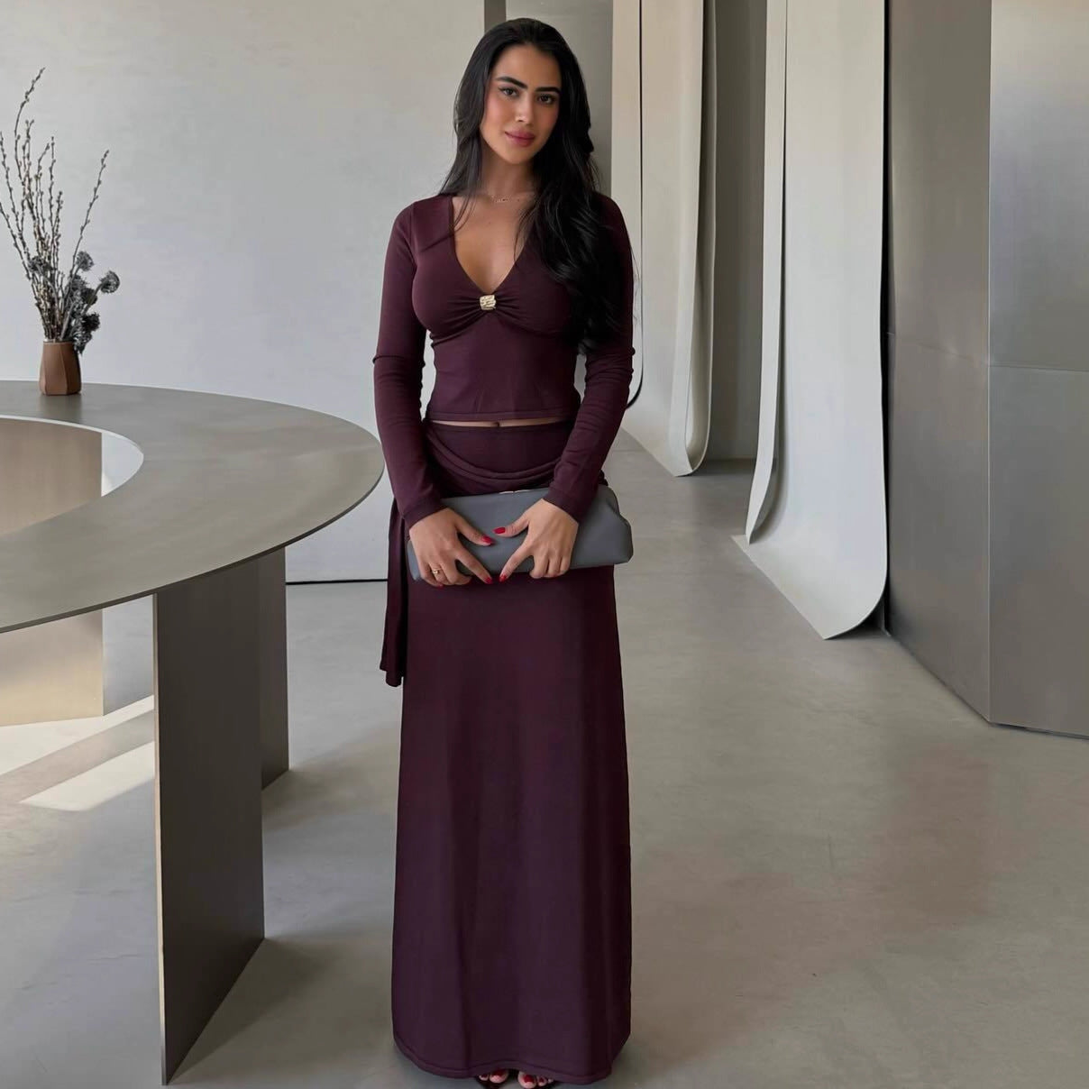 Fashion streamer sexy long-sleeved top skirt two-piece autumn and winter suit