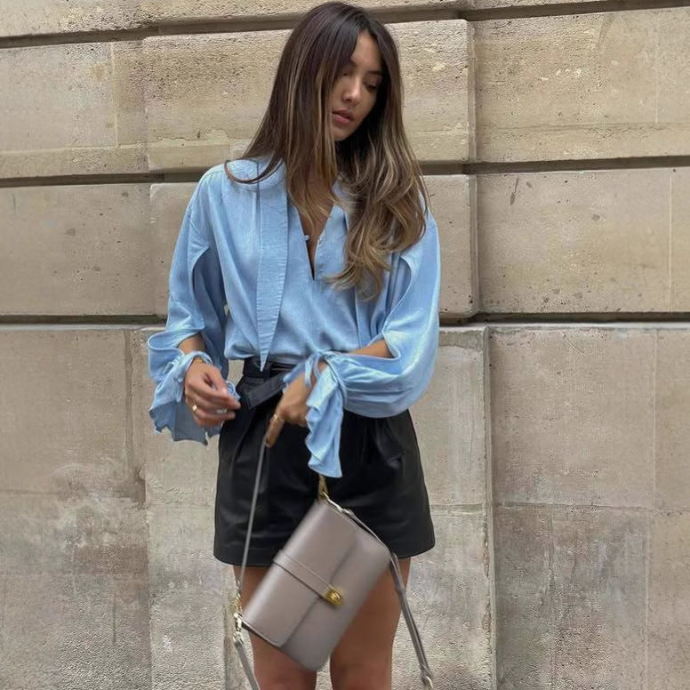 Women's new fashion long-sleeved shirt lapel casual street style top solid color Spice Girl shirt women
