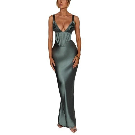 Sexy Fishbone Suspender Dress Fashion Halter Slim Satin Spice Girl Long Dress