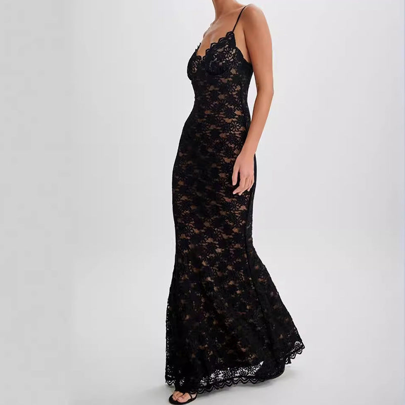 Hollow Lace Dress Female Slim Vacation Style Spice Girl Sexy Suspender Hip Bag Dress