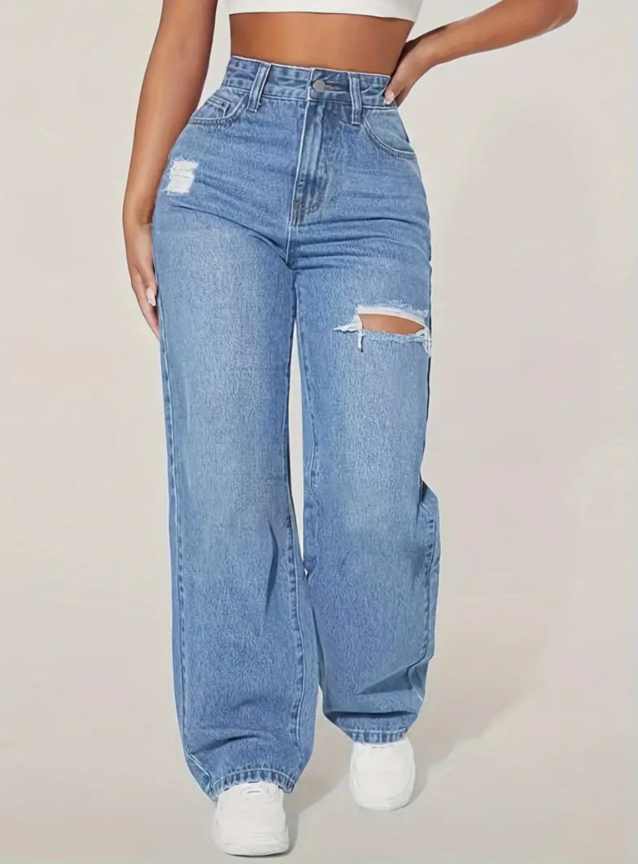 Washed Distressed Ripped Denim Jeans | Women's Casual Straight Trousers