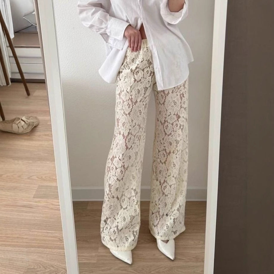 Perspective lace sexy wide-leg pants babes ins wind hollow trousers