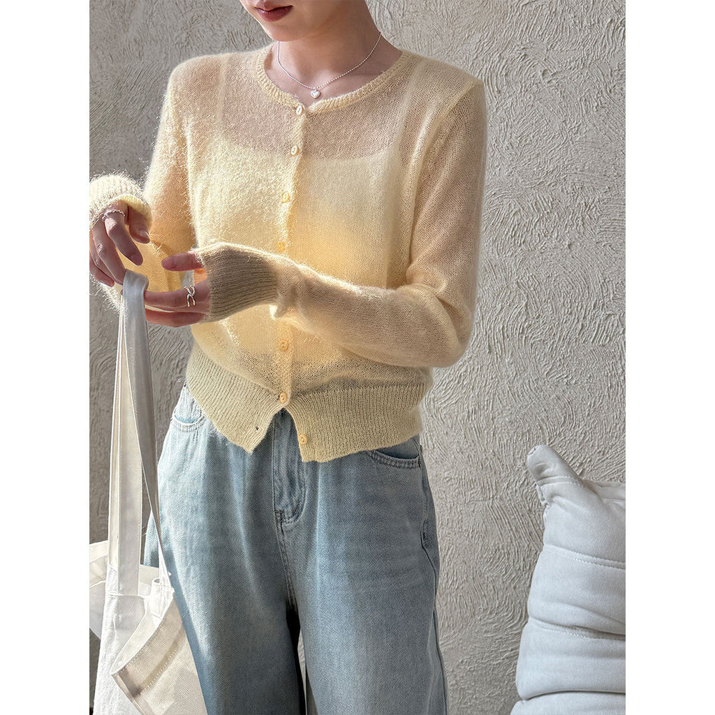 Early spring new mohair knitted cardigan women's thin slightly transparent gentle soft waxy outer coat