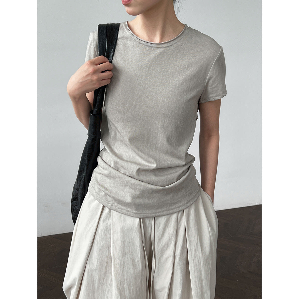 Korean version strap waist T-shirt women's summer new casual round neck versatile short-sleeved front shoulder top