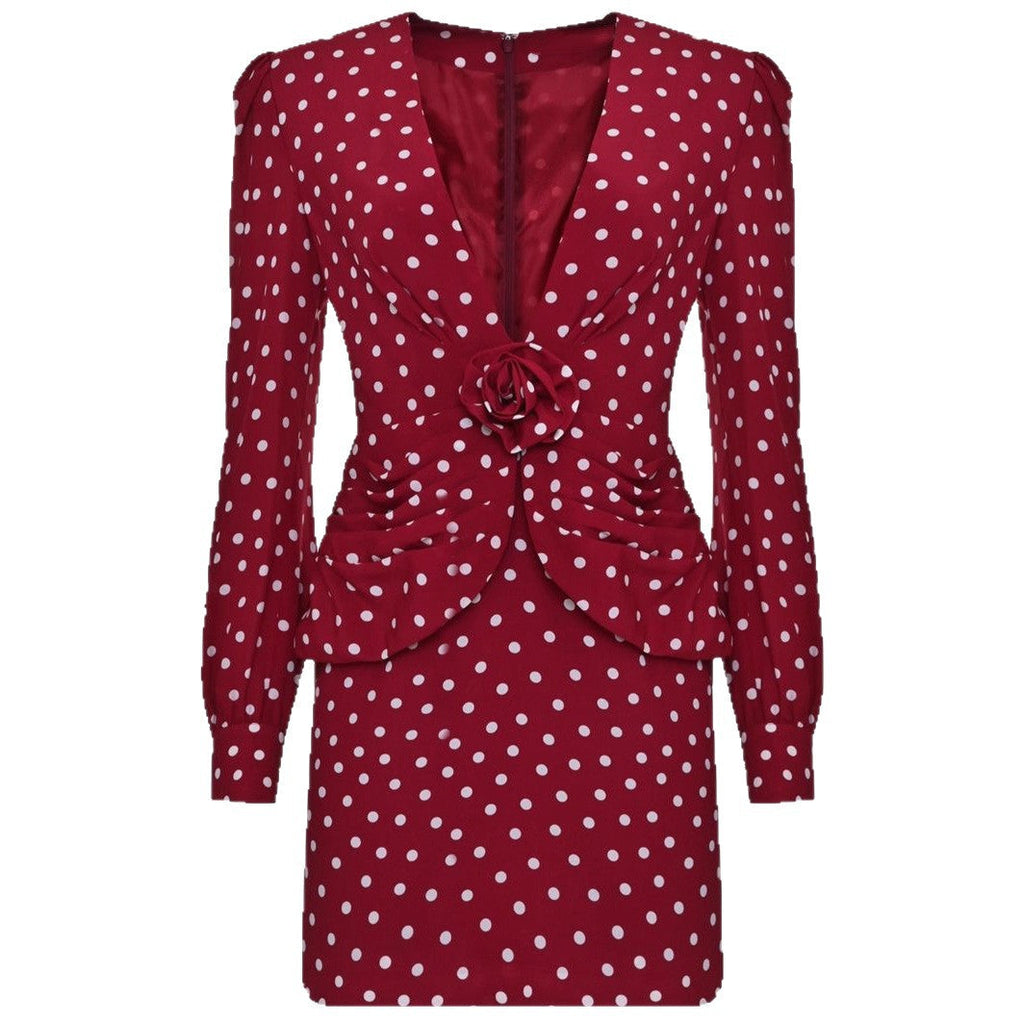 Fashion polka dot long-sleeved pleated top jacket skirt set two-piece set