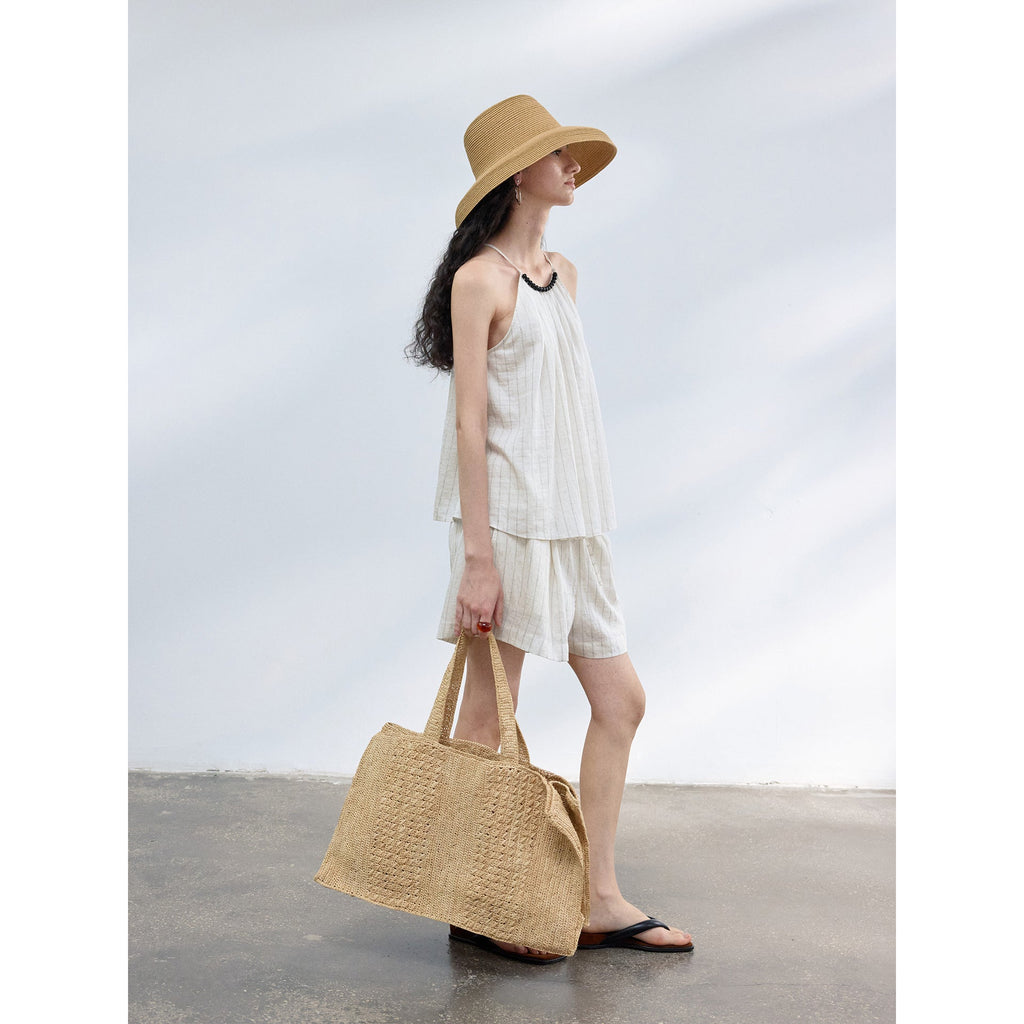 Summer new design agate bead hemp vertical strip linen sling vest