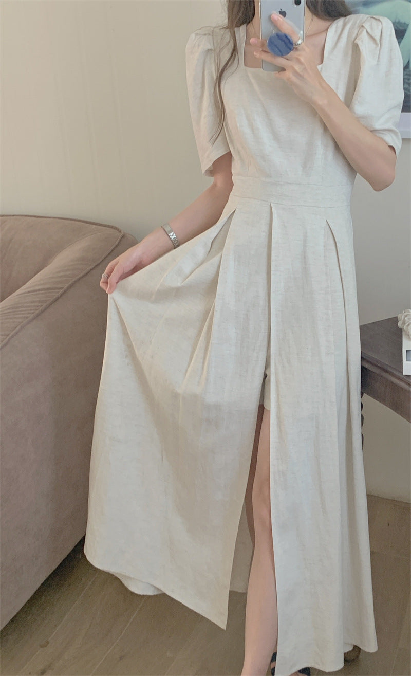 U-Neck Cotton Linen Dress Women Puff Sleeve Mid-Waist Long Skirt