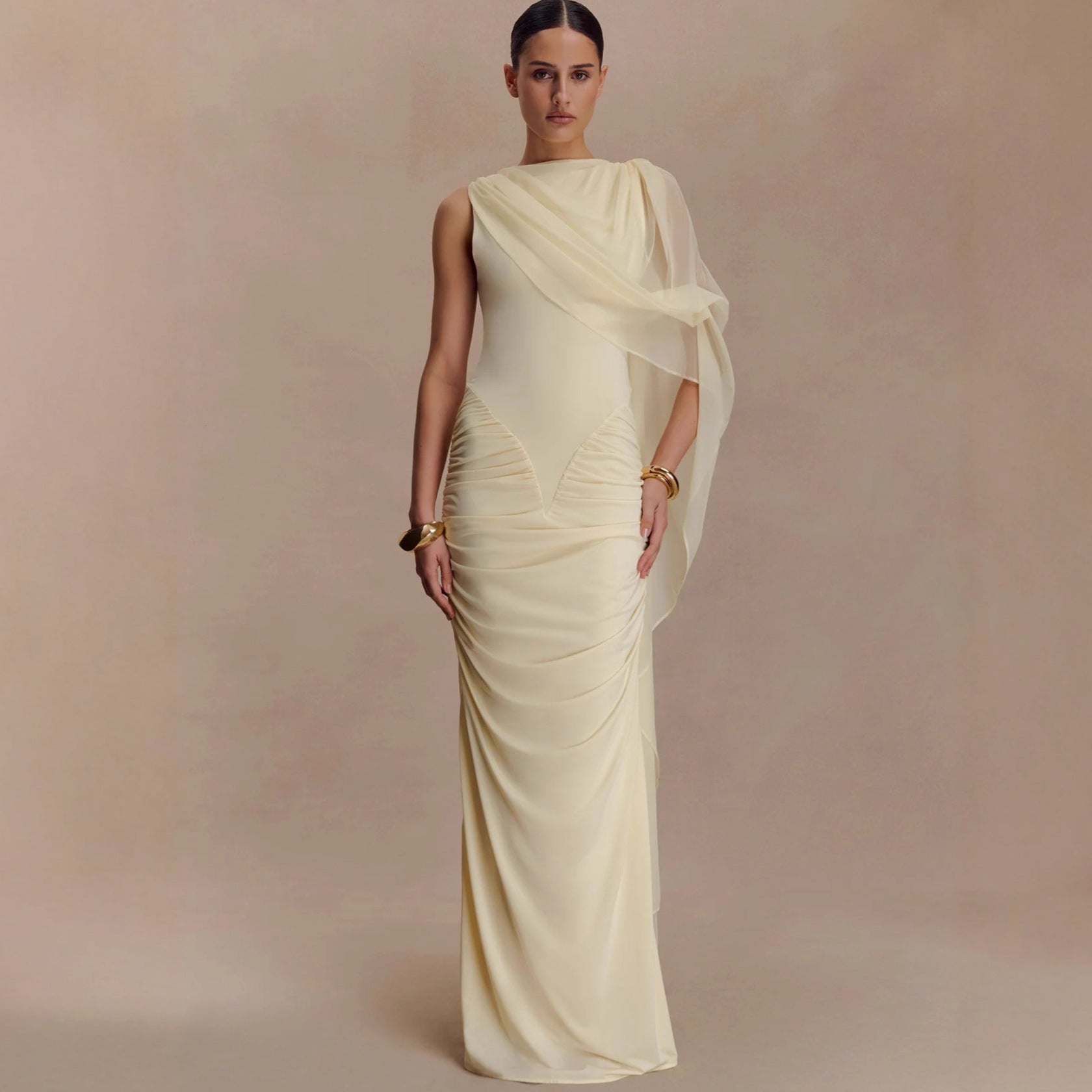 Fashion shawl mesh sexy slim fit pleated resort style dress