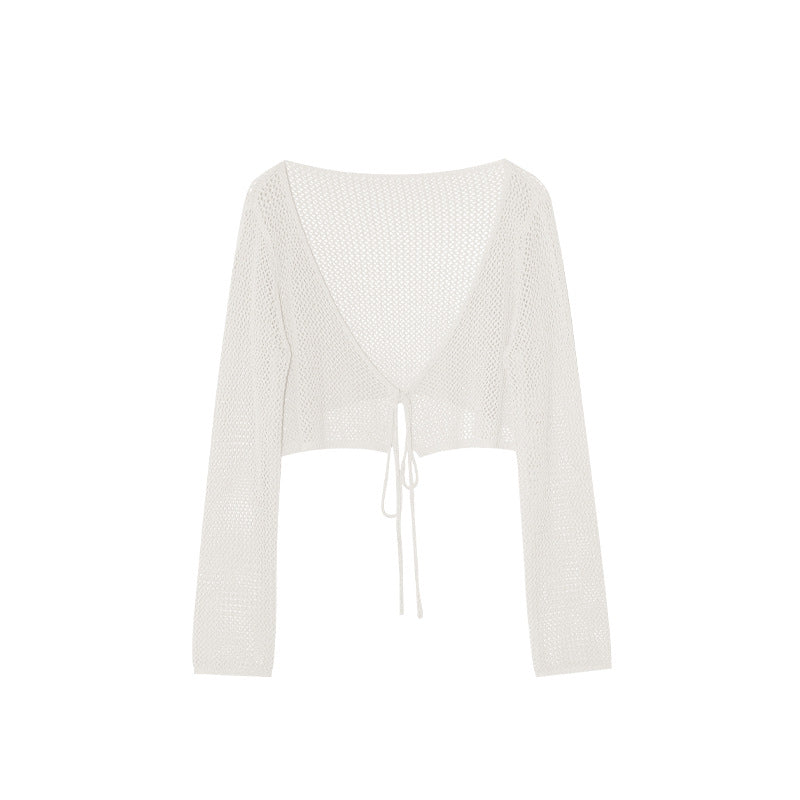 Thin skin-friendly and breathable outer lace-up hollow knitted sweater