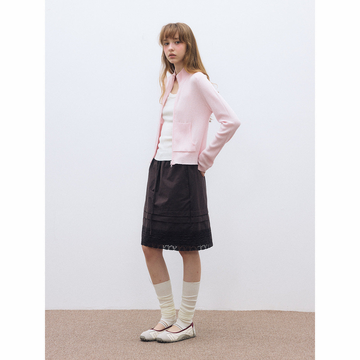 Autumn new casual wool solid color versatile stand-up collar pit strip short knitted cardigan women