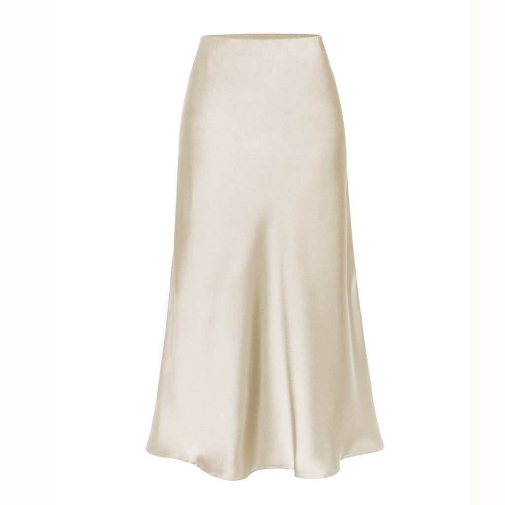 Acetate satin skirt elastic high waist solid color split mid-length skirt