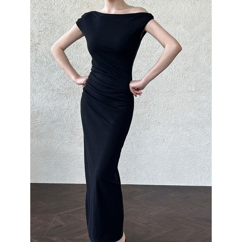 French slanted shoulder irregular waist dress summer off-the-shoulder temperament thin dress