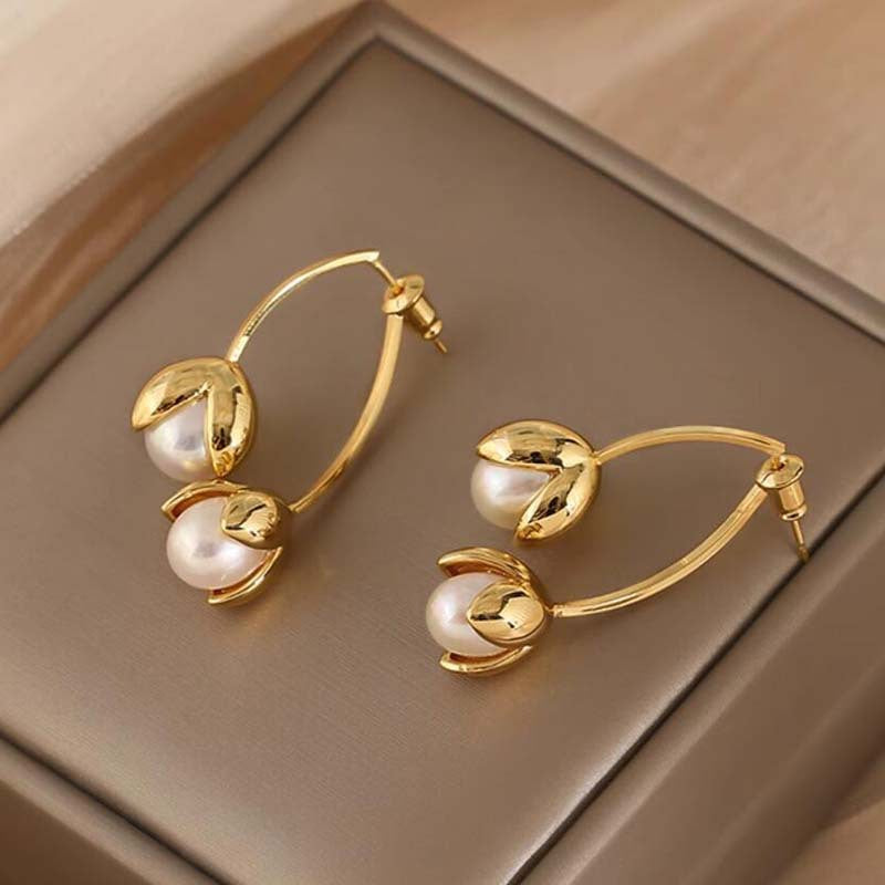 Simple French pearl flower cross earrings niche design stamen temperament stud earrings