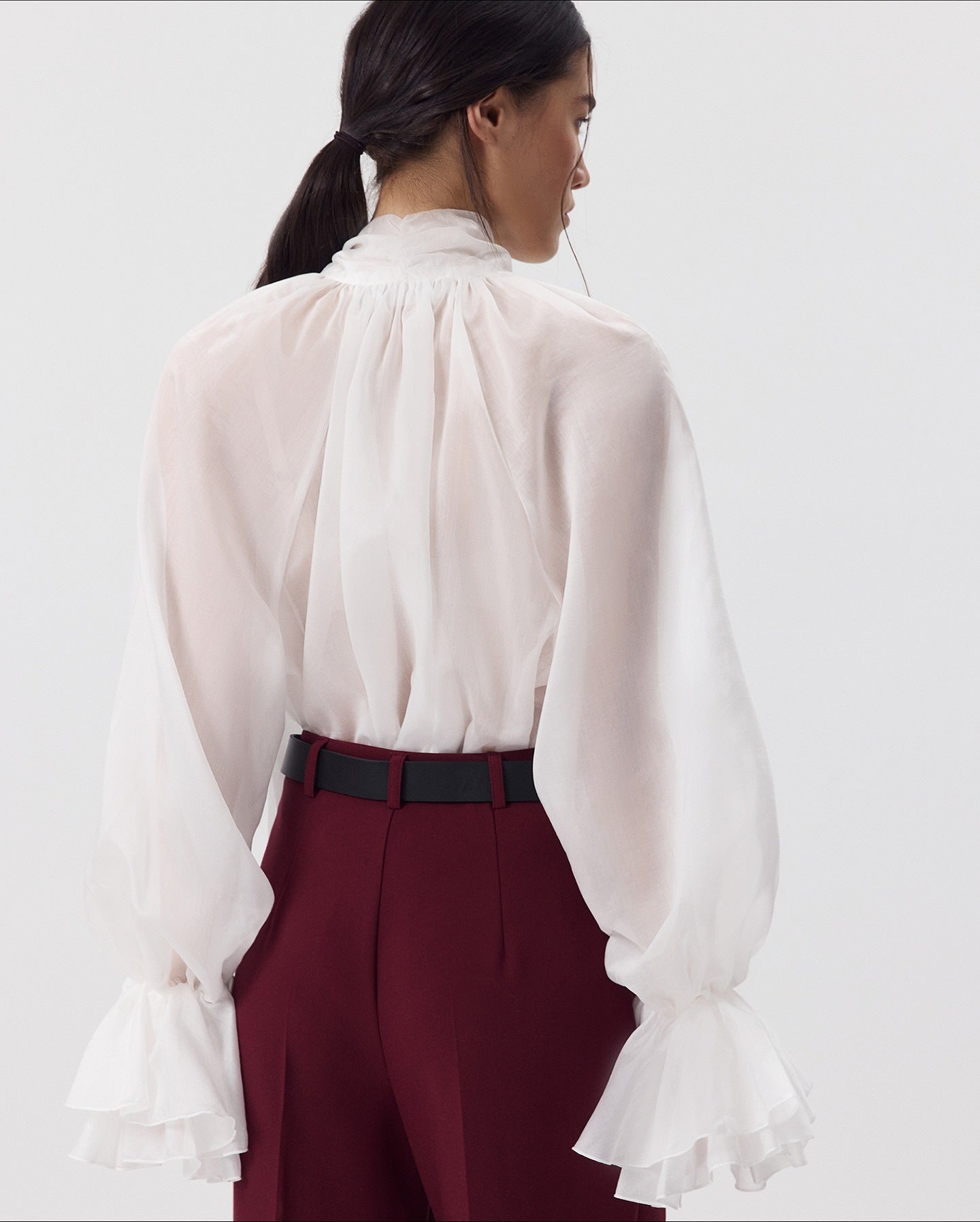Autumn and winter ruffle shirt French temperament V-neck streamer ice silk horn sleeve top