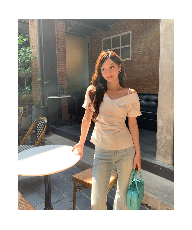 Gentle temperament design diagonal shoulder collar waist shirt