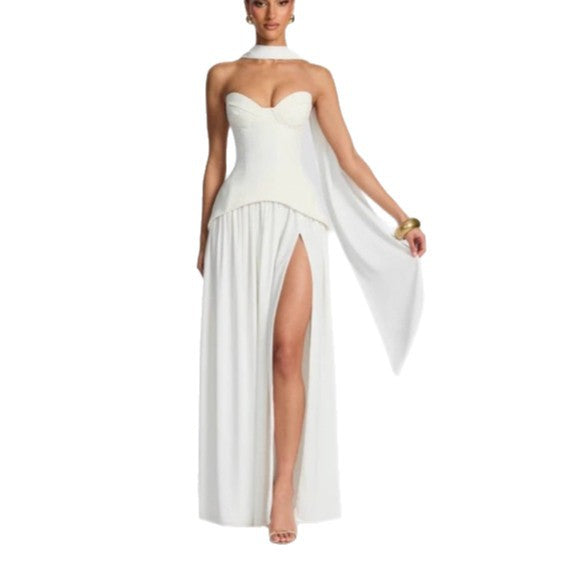 New gauze fishbone tube top dress waist backless streamer sexy European and American split skirt