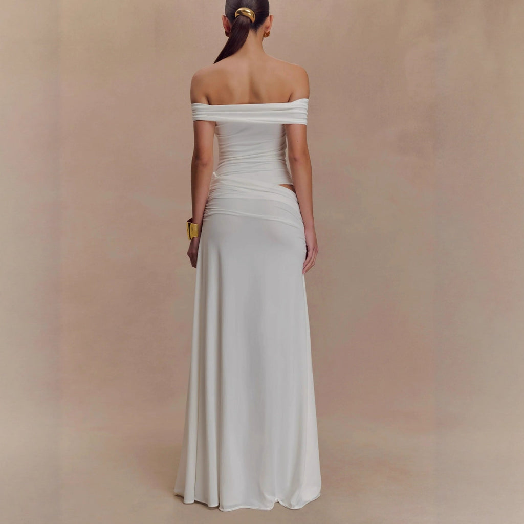Fashion pleated streamer hollow hip skirt sexy hottie style one-word shoulder dress