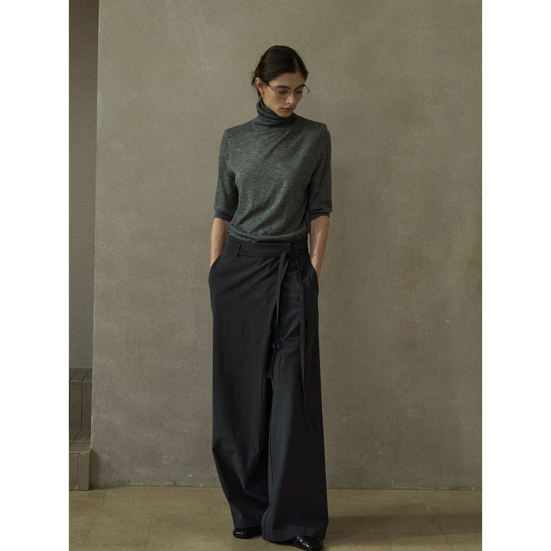 Autumn design soft wool diagonal placket lace-up versatile casual pants