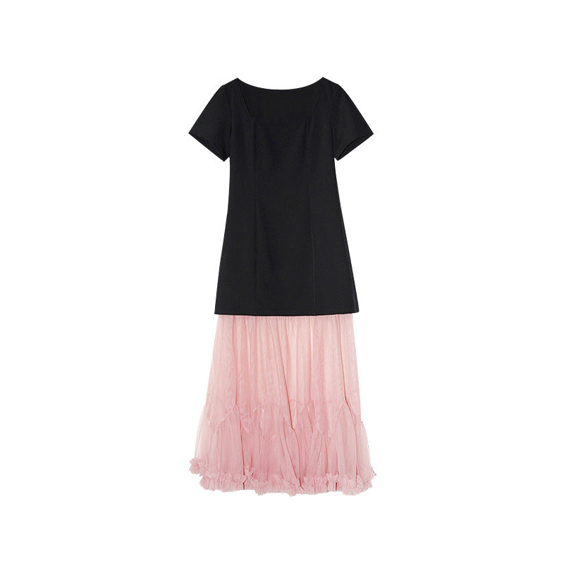 Hepburn mesh stitching short-sleeved square neck dress