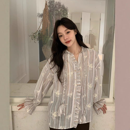 Autumn French retro loose long-sleeved wooden ear edge embroidered striped shirt