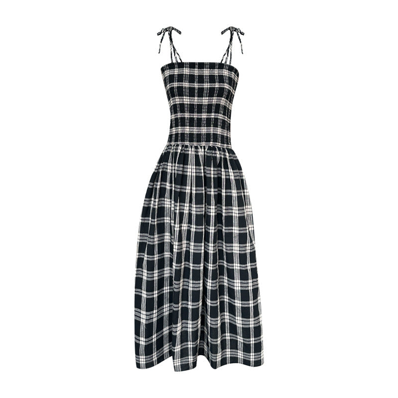 Retro plaid tube top suspender dress for women's summer high-end elastic waist A-shaped long dress