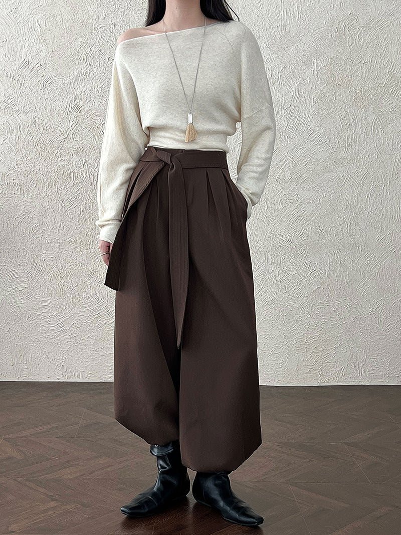 Vintage design straps three-dimensional pleated wide-leg pants autumn casual straight trousers