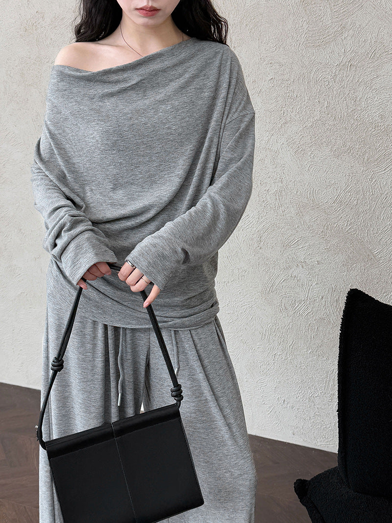 Scoop neck top + high-waisted wide leg pants casual set