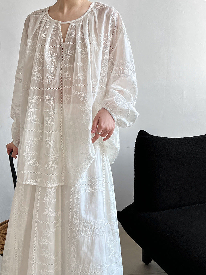 Premium temperament hollow lace embroidered top + skirt