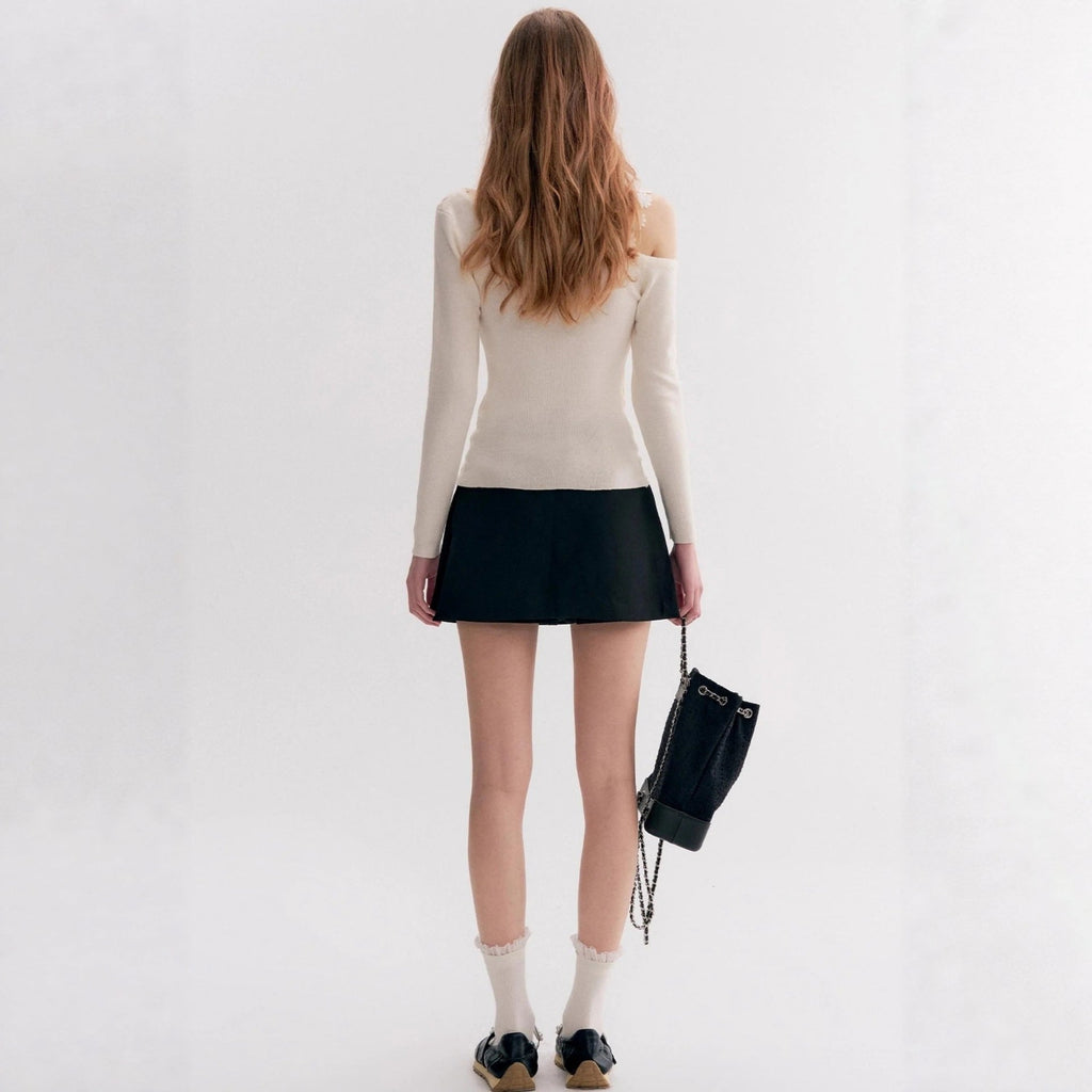 Fashion lace slanted shoulder bottoming shirt T-shirt