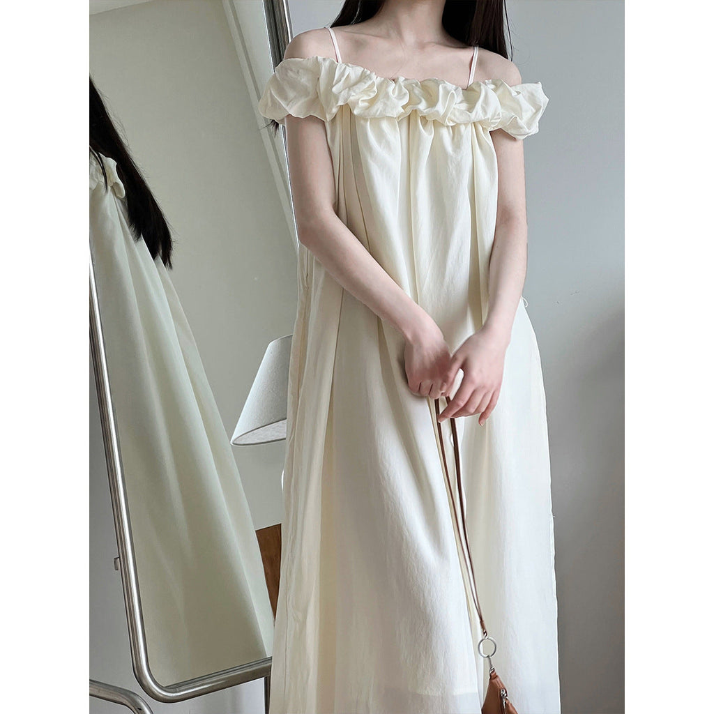 Tencel fabric one-word shoulder tube top dress Korean high-end ruffle edge suspender vest skirt