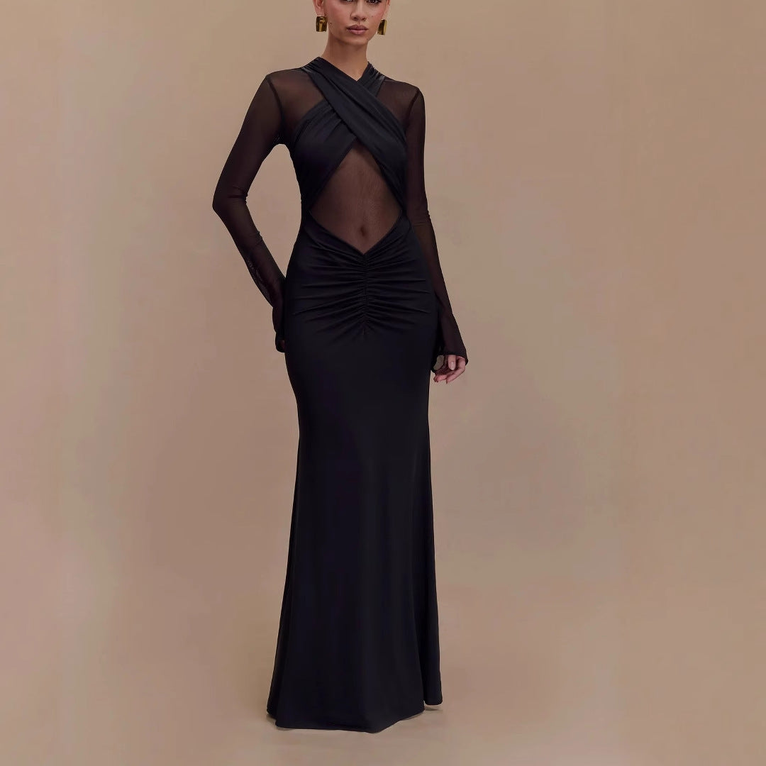 Perspective sexy solid color spice girl long dress slim fold European and American dress women