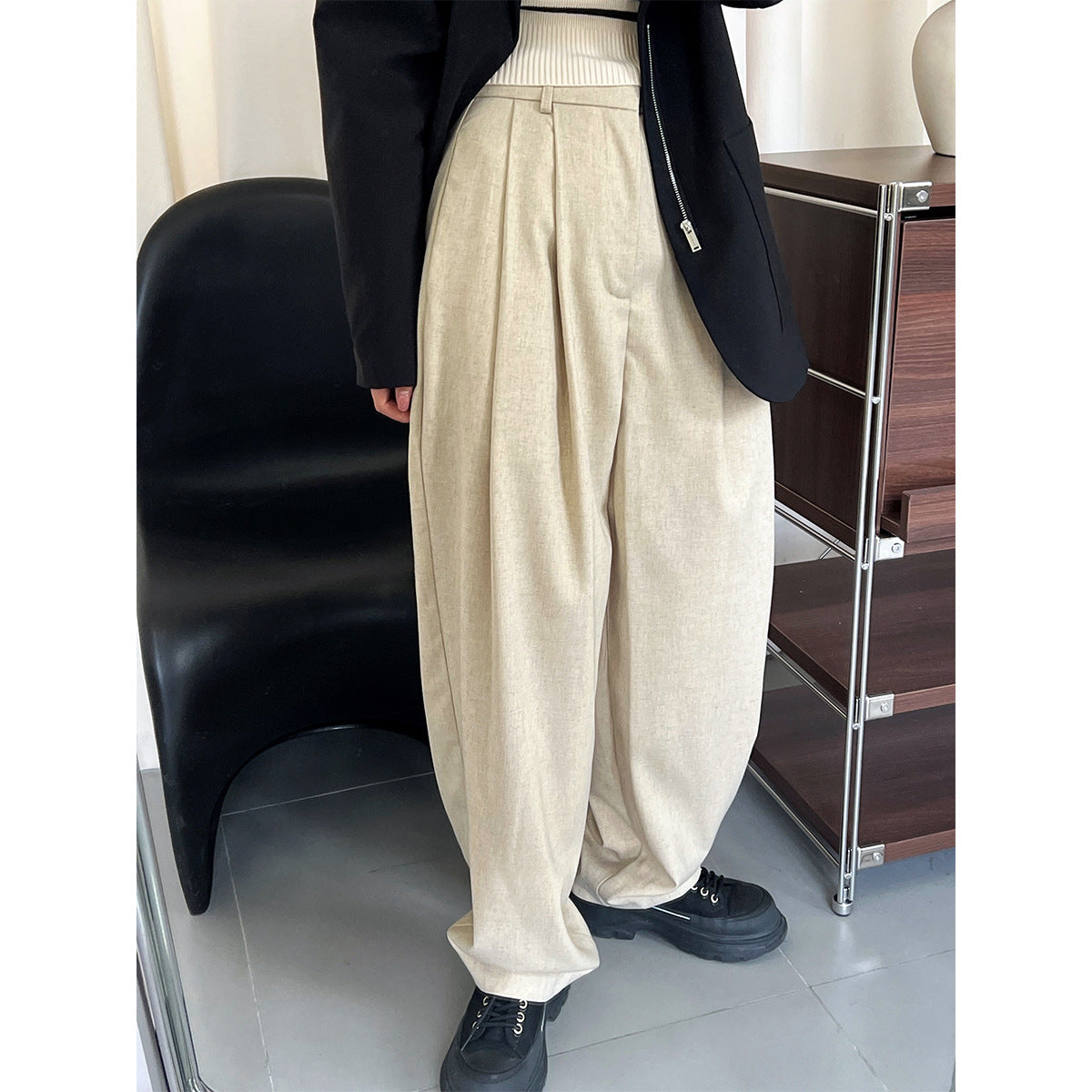 Linen silhouette high-waisted suit pants spring and autumn thin simple and loose casual straight floor-mopping trousers