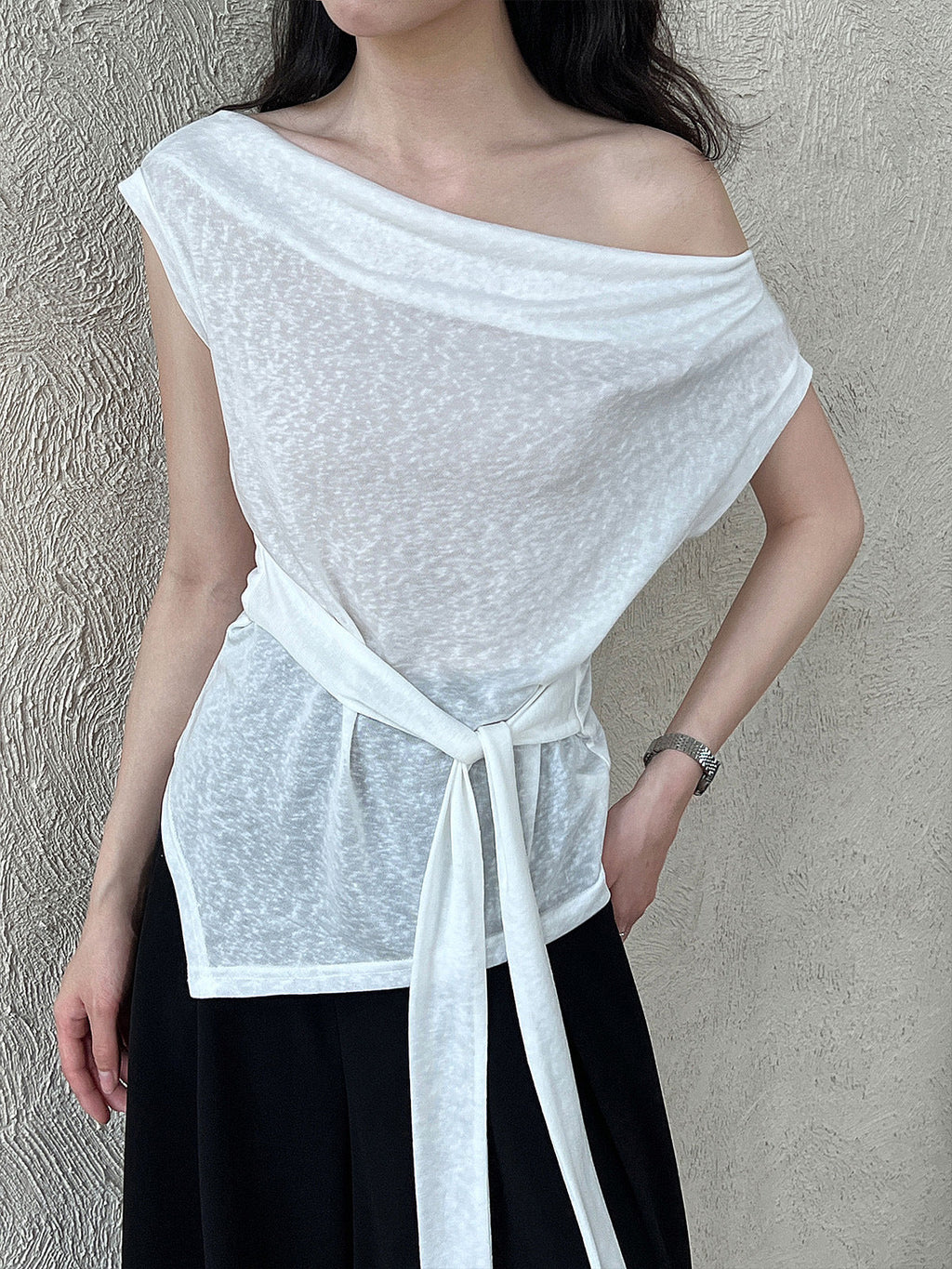 Korean temperament simple swing neck knitted short-sleeved top women's summer asymmetrical lace-up thin T-shirt
